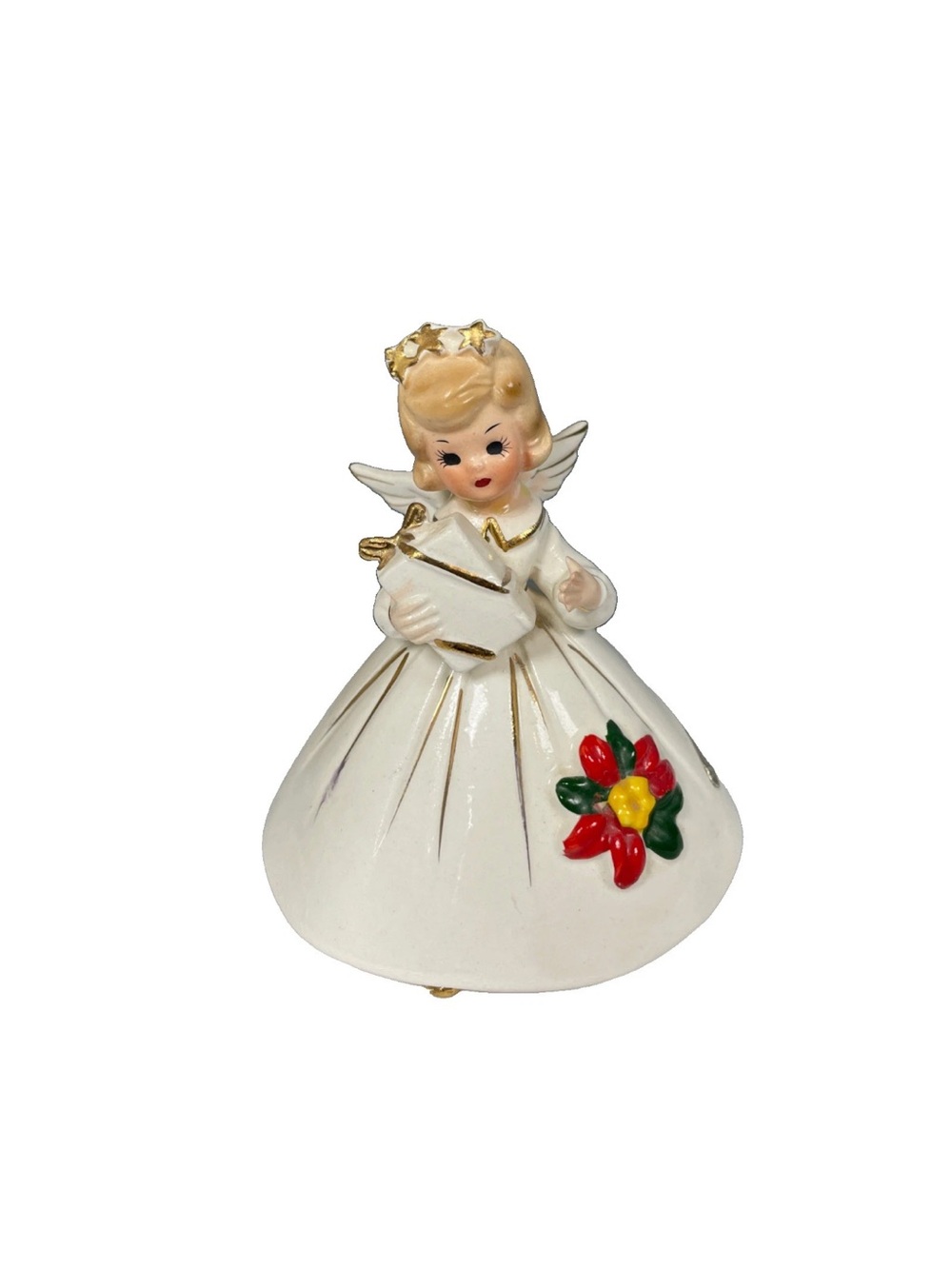 Vintage Josef Originals Poinsettia Christmas Angel Figure White Gold Ceramic